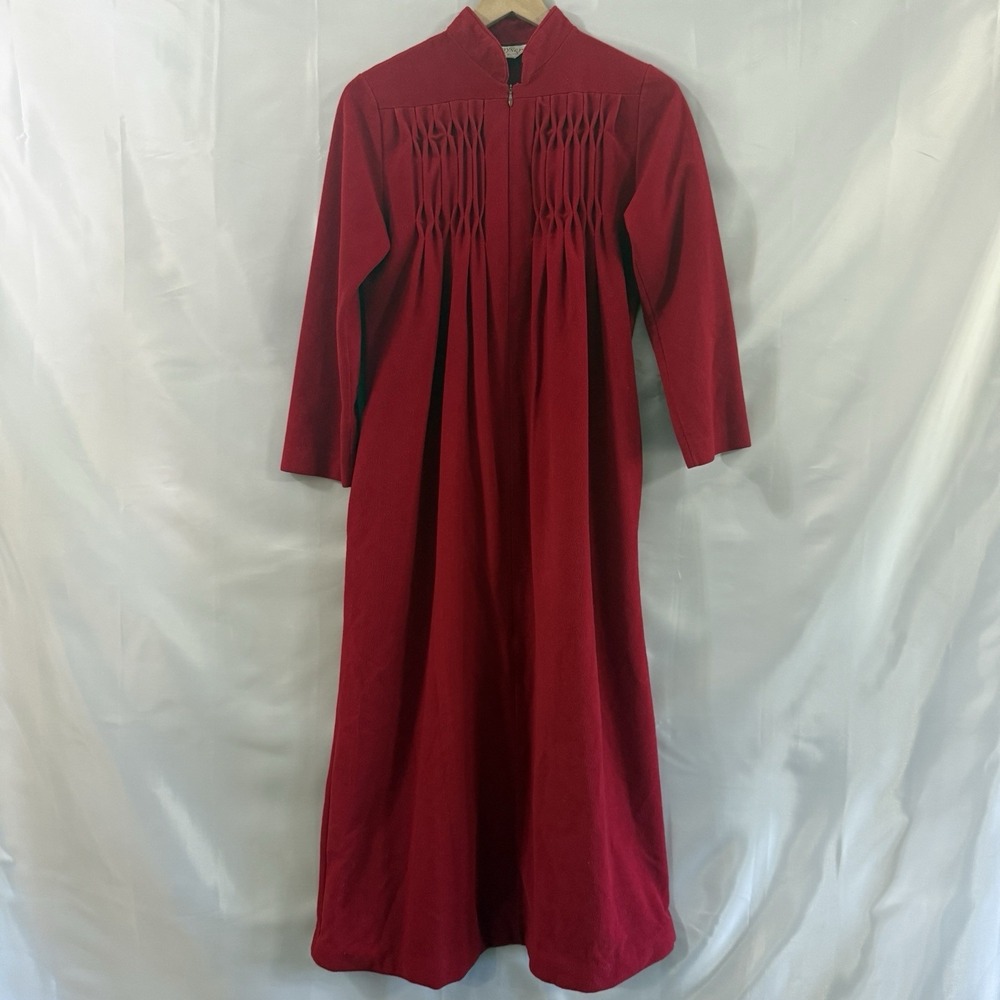 Vtg Kayser Red Burgundy House Coat Robe Dacron Grannycore 3/4 Zip Pockets S